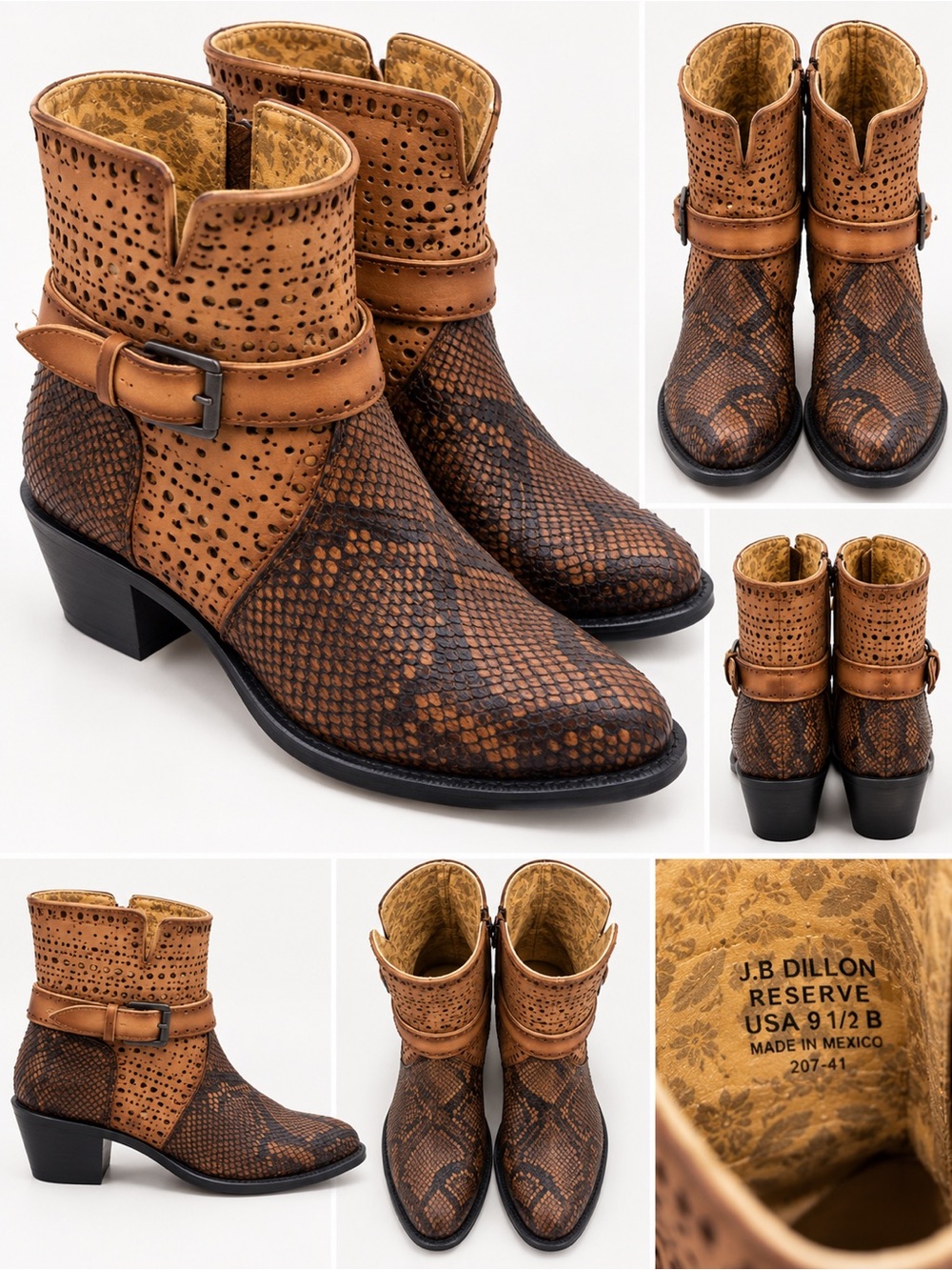 J.B. Dillon Tan and Brown Snake-Print Perforated Leather Ankle Boots